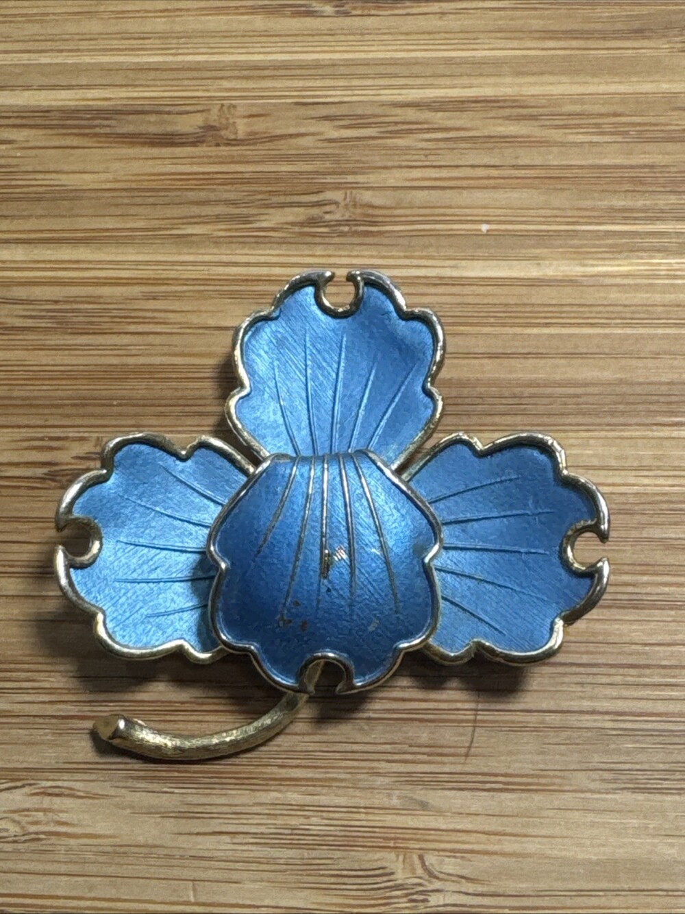 Vintage Satin Blue Enamel Flower Brooch Pin Gold Tone Floral Stem